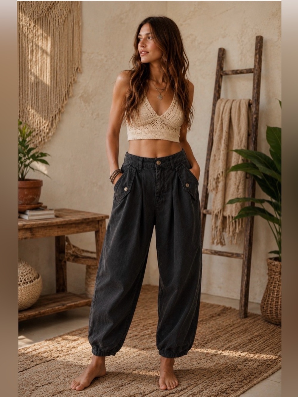 We The Free Faded Black Barrel Pleated Barrel-Leg Pants, Size 25